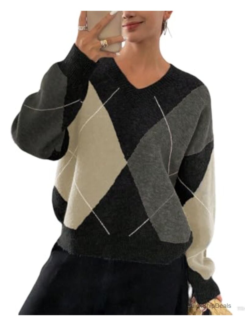 Oversized V-Neck Argyle Chunky Knit Pullover Sweater